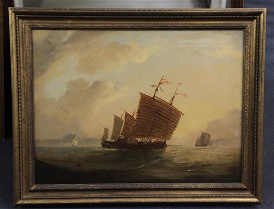 Anglo-Chinese School (19th century) English clipper exchanging fire with a junk and junks at sea 17 x 23in.